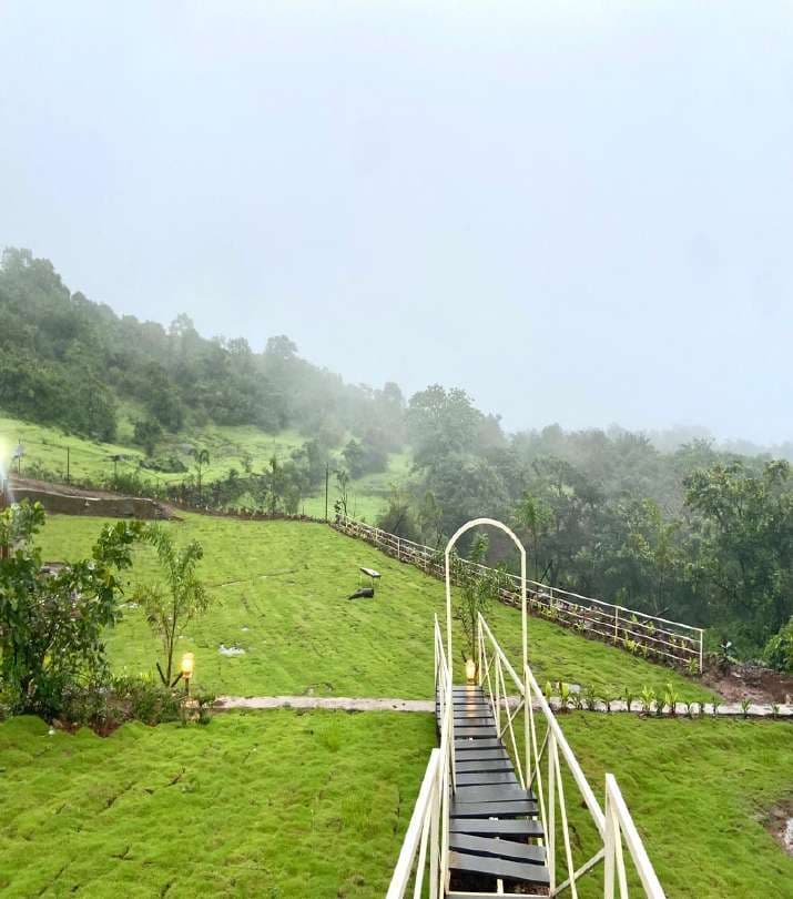 Walkway over mist-covered green hills