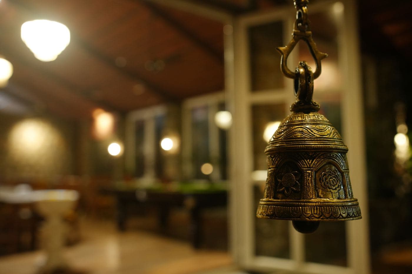 Restaurant interior in warm lantern light
