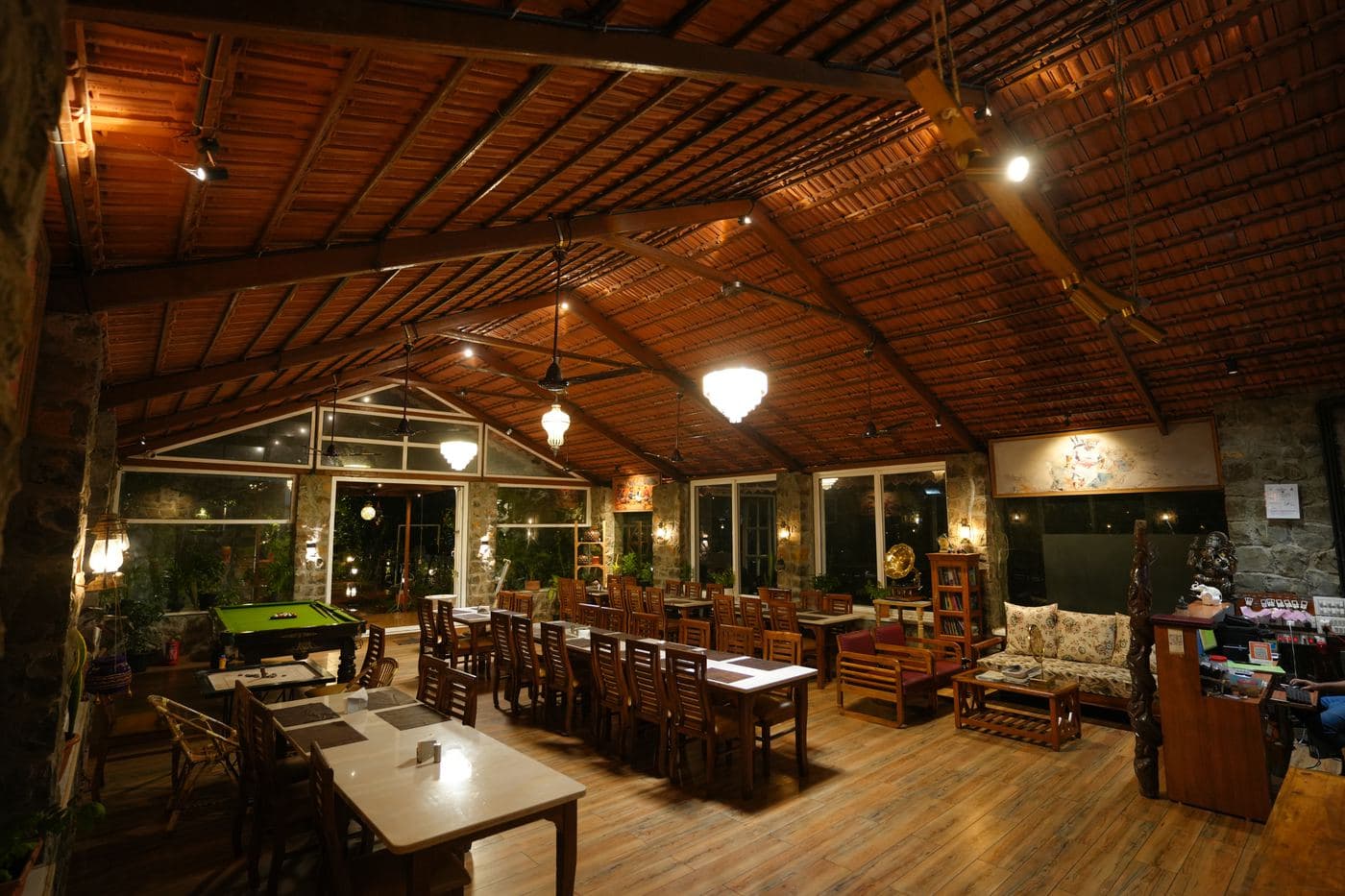 The restaurant's main hall under its timber roof