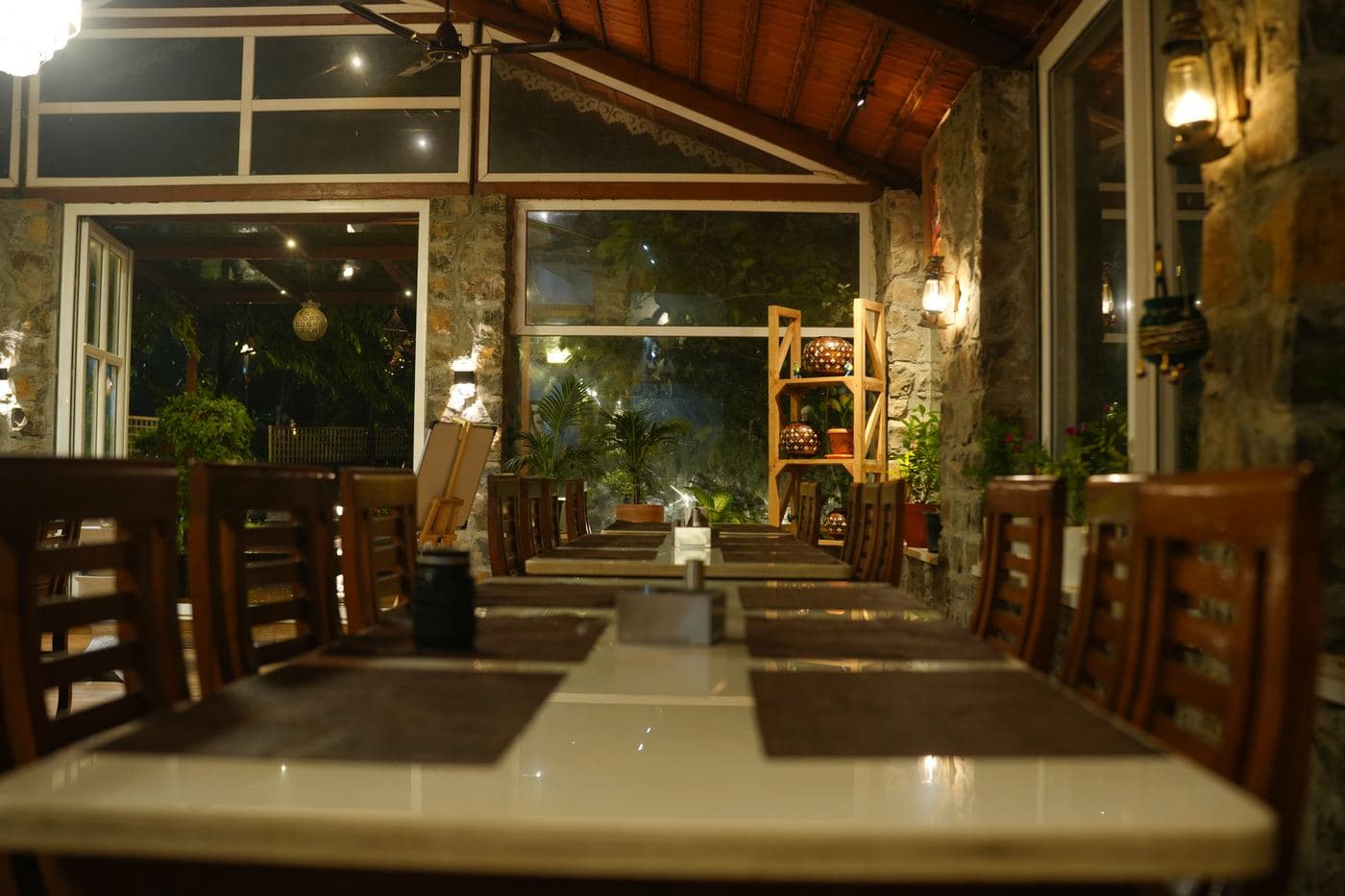 Daylight through the restaurant's tall windows