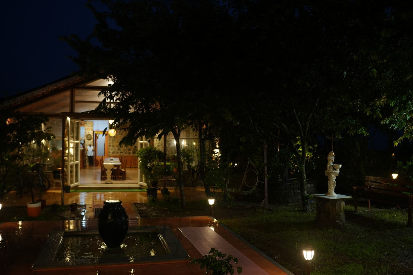 Eshi Restaurant lit up at dusk