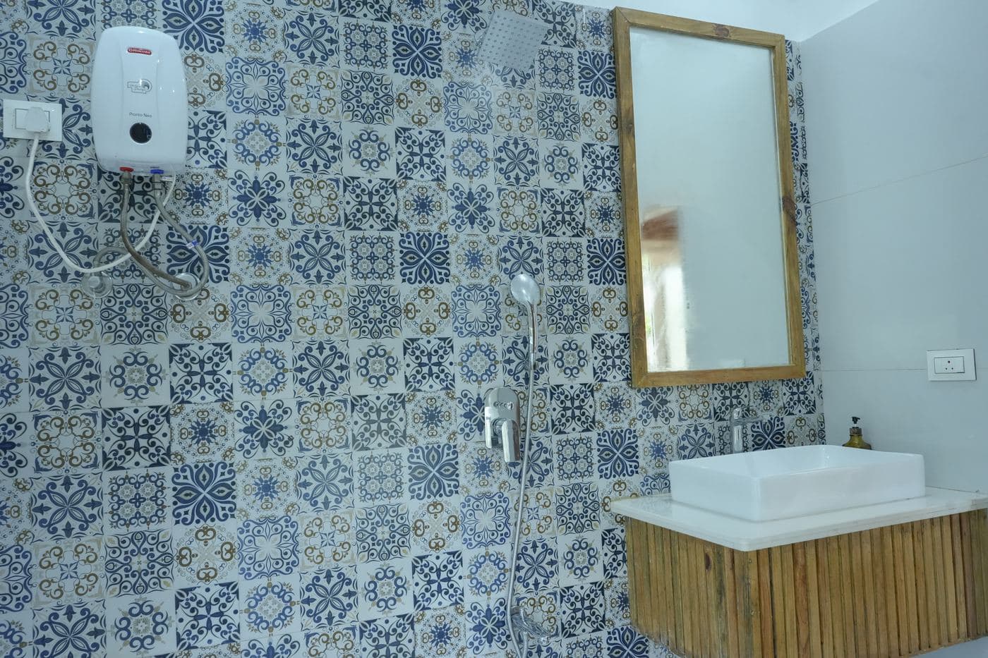 Patterned tilework in the Prakruti bathroom